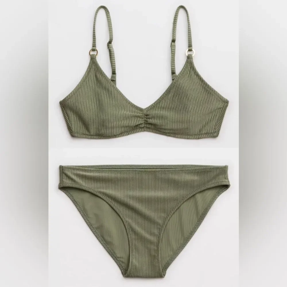 NWT Aerie FULL SET Beach Babe Shine Rib Voop + Full Coverage Bottom in Olive 🫒